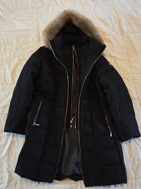 Michael Kors Woman's Heavyweight Parka Faux Fur Double Zipper Closure, Black
